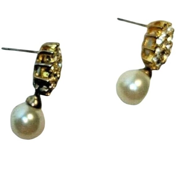 Vintage Gold-Tone Crystal Cluster & Faux Pearl Drop Earrings A353 - Picture 3 of 5
